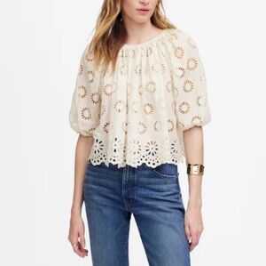 NWT Madewell Embroidered Shirred Puff-Sleeve Floral‎ Eyelet Top Womens Size M